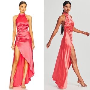 NWT RETROFETE Coral Satin Halter Open Back Sleeveless Ruched Side Slit Gown S